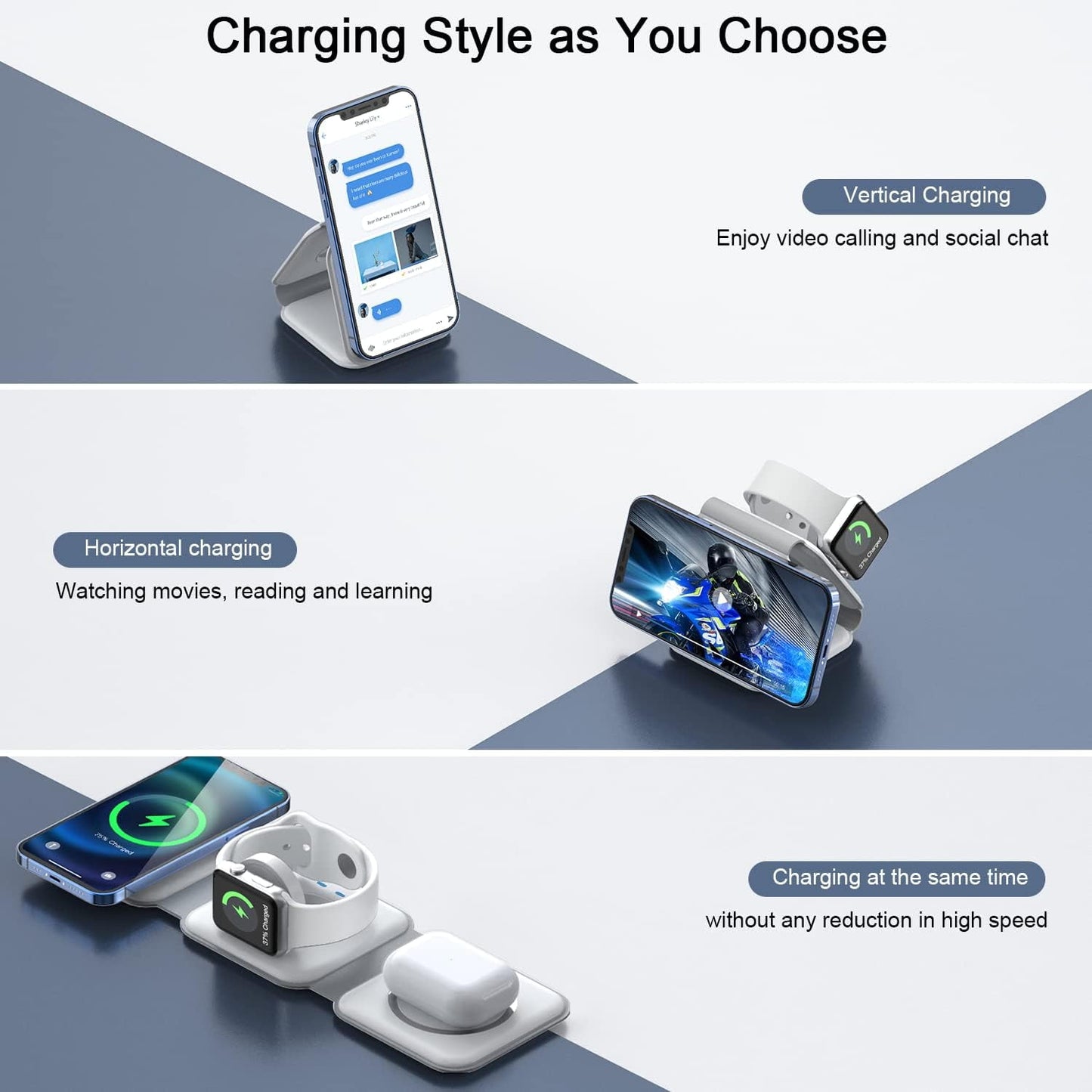 3-In-1 Wireless Charger, Magnetic Foldable Design Charging Station Compatible with Multiple Devices Including Iphone 17/16/15/14/13 Series, Airpods 4/3/Pro, and Iwatch