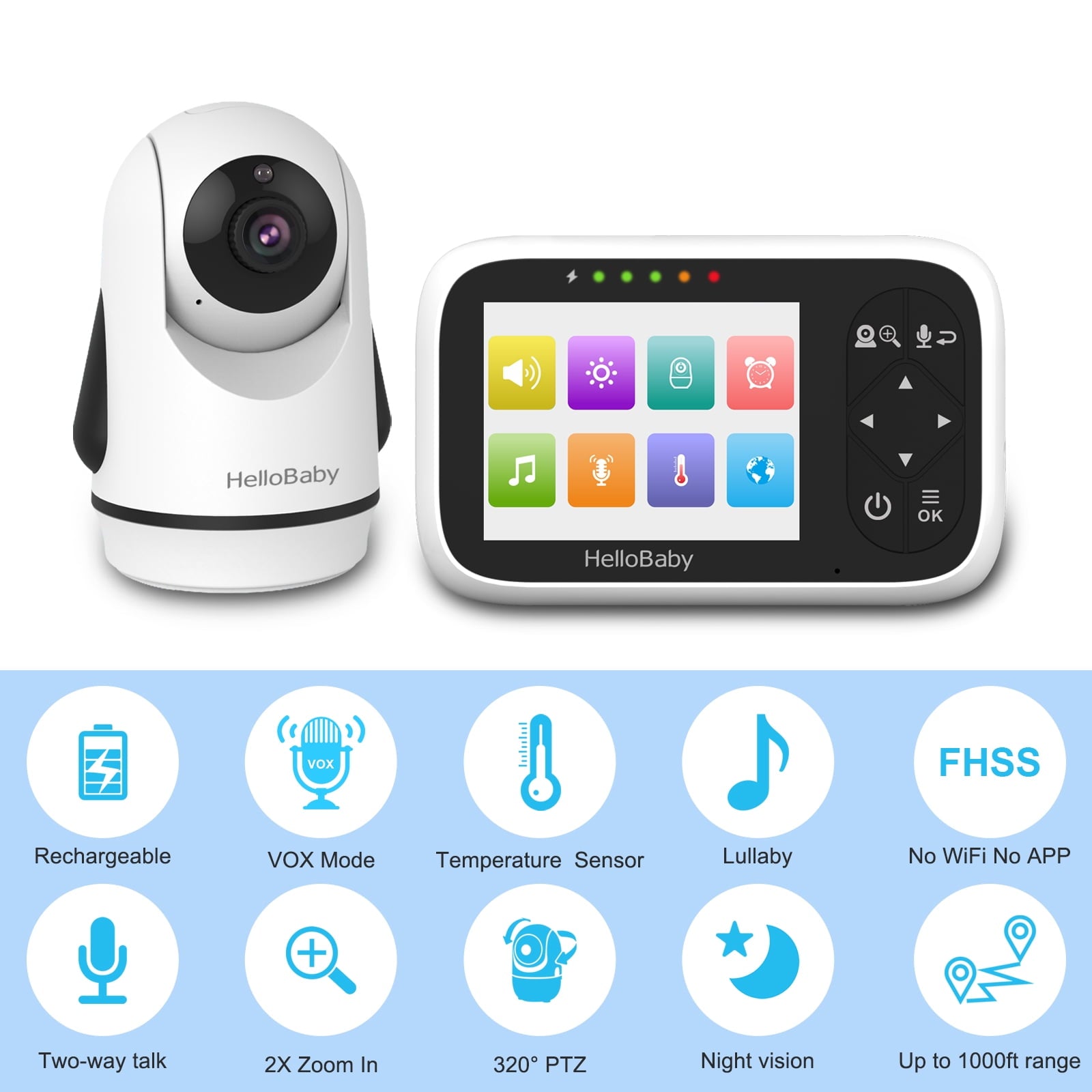 Hb6336 Baby Monitor with Camera and Audio, 3.2" IPS Color Display, Full Remote Pan and Zoom, IR Night Vision, 1000 Ft Range, Wall Mount, WiFi-Free Design