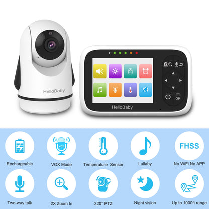 Hb6336 Baby Monitor with Camera and Audio, 3.2" IPS Color Display, Full Remote Pan and Zoom, IR Night Vision, 1000 Ft Range, Wall Mount, WiFi-Free Design